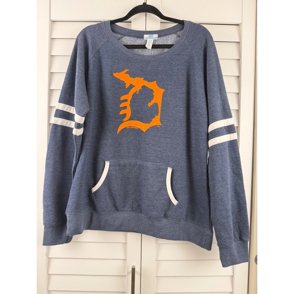 LIVNFRESH Sweatshirt‎ Women XL Blue Michigan Graphic Varsity Stripe Pocket